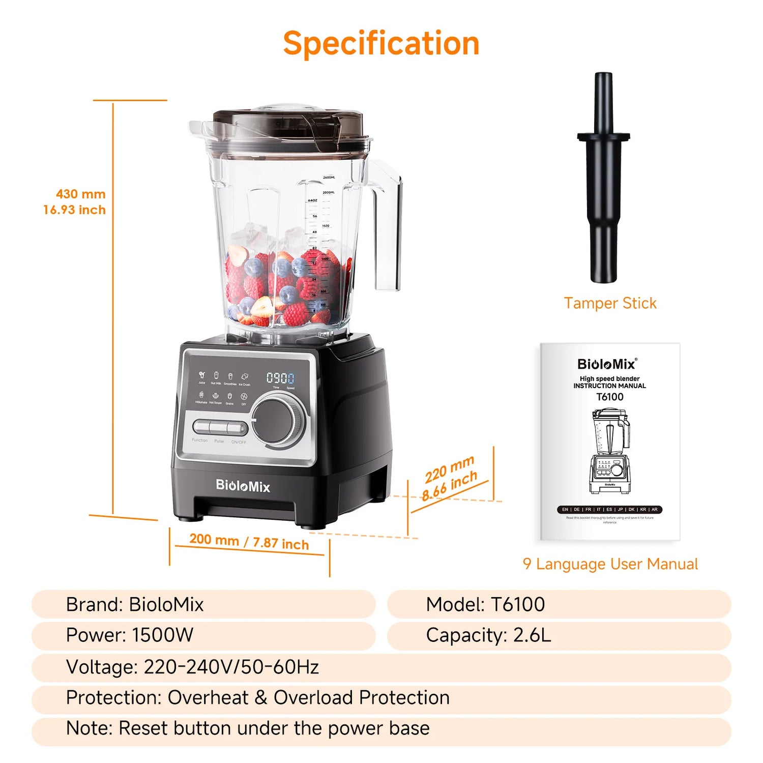 BioloMix 1500W Professional Blender With 2.6L BPA Free Jar With 6 Blades, 7 Preset Program for Smoothies, Shakes, Nut Milk Taj Home Store