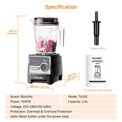 BioloMix 1500W Professional Blender With 2.6L BPA Free Jar With 6 Blades, 7 Preset Program for Smoothies, Shakes, Nut Milk Taj Home Store