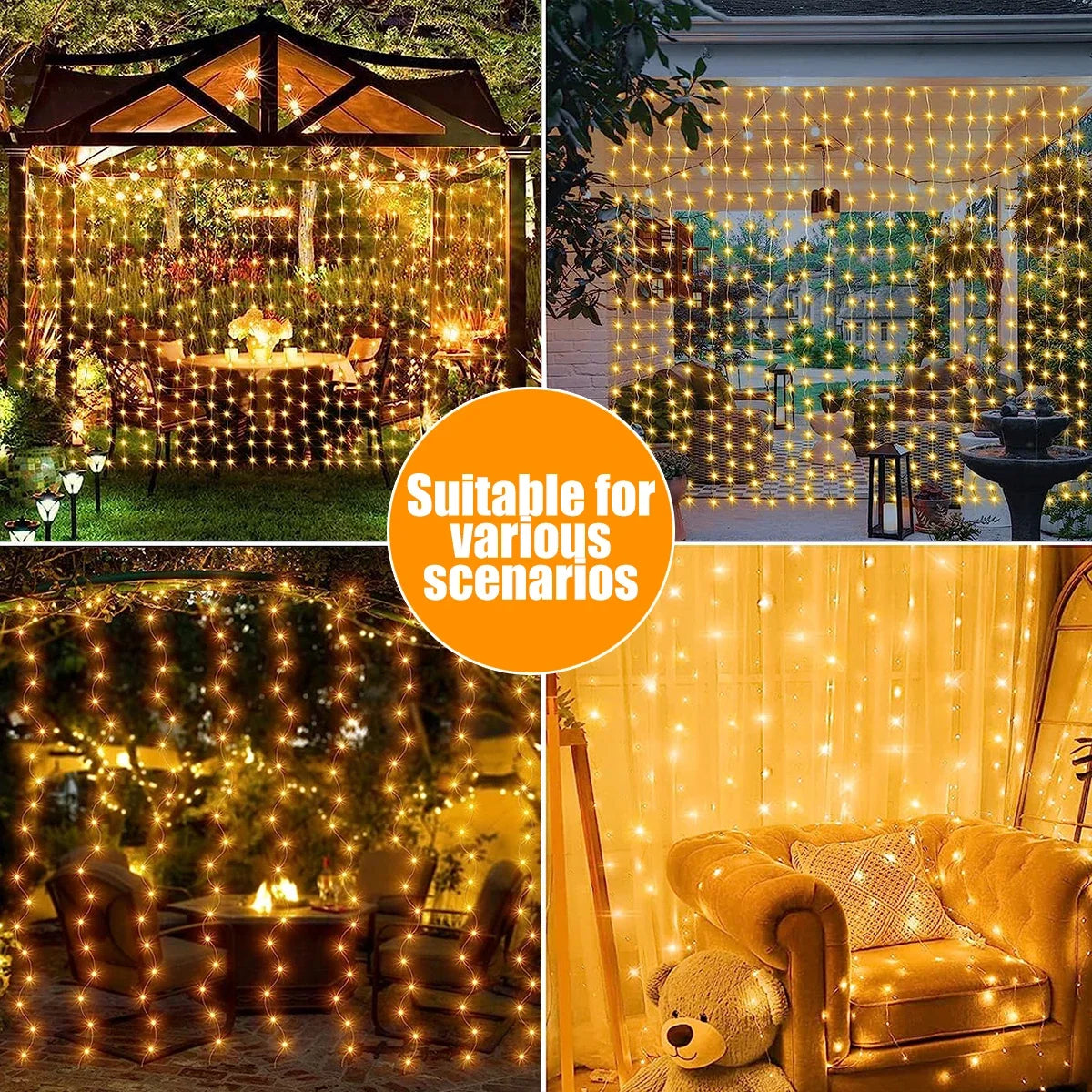 Outdoor Solar Curtain Light 3x3M 300Leds Holiday Decorations Garland 8 Modes Halloween Christmas Party Decor String Lights Taj Home Store