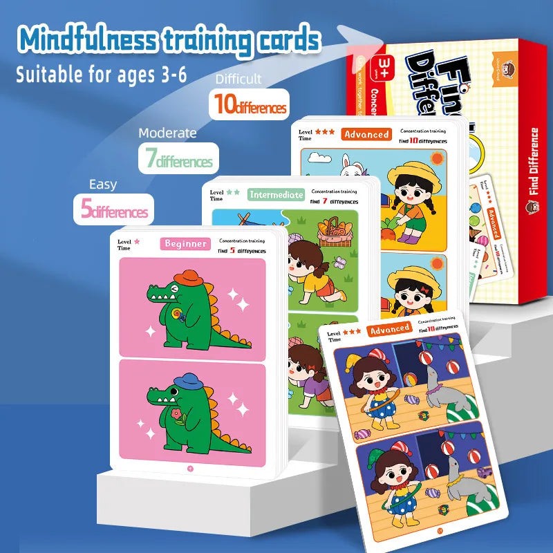 Find Differences Card Game Reusable Cartoon Educational Puzzle for Kids Three Difficulty Levels for Focus Attention Training Taj Home Store