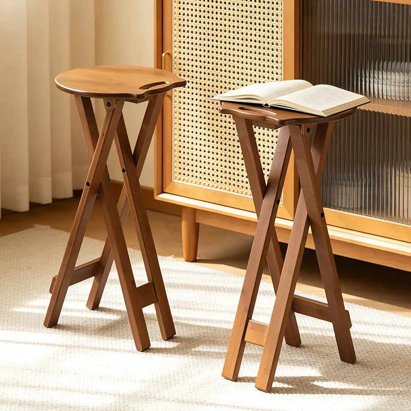 Retro style bamboo folding stool, household foldable round stool, foldable high stool, bar stool, restaurant dining stool Taj Home Store