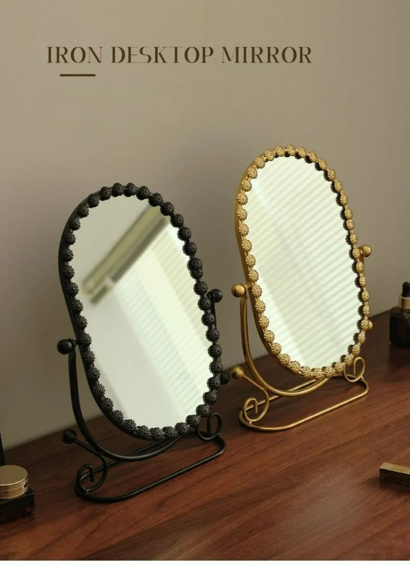 Light Luxury Wrought Iron Vertical Mirror Rotatable Retro Makeup Mirror Bedroom Vanity Mirror Desktop Ornament Photo Props Taj Home Store