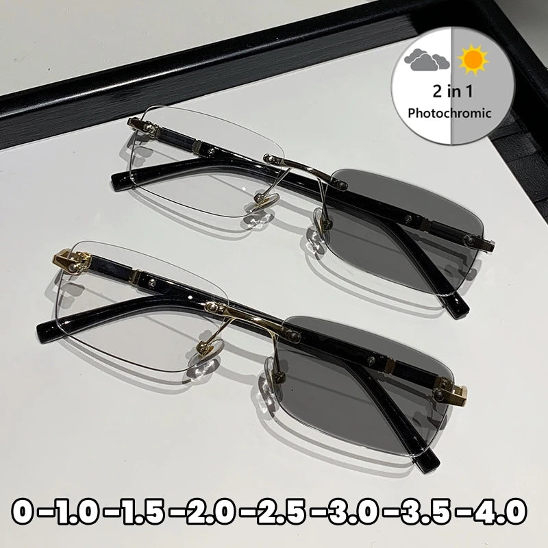 Business High-end Near Sight Glasses Trendy Photochromic Edgeless Frameless Myopia Glasses Small Square Color Change Eyewear Taj Home Store