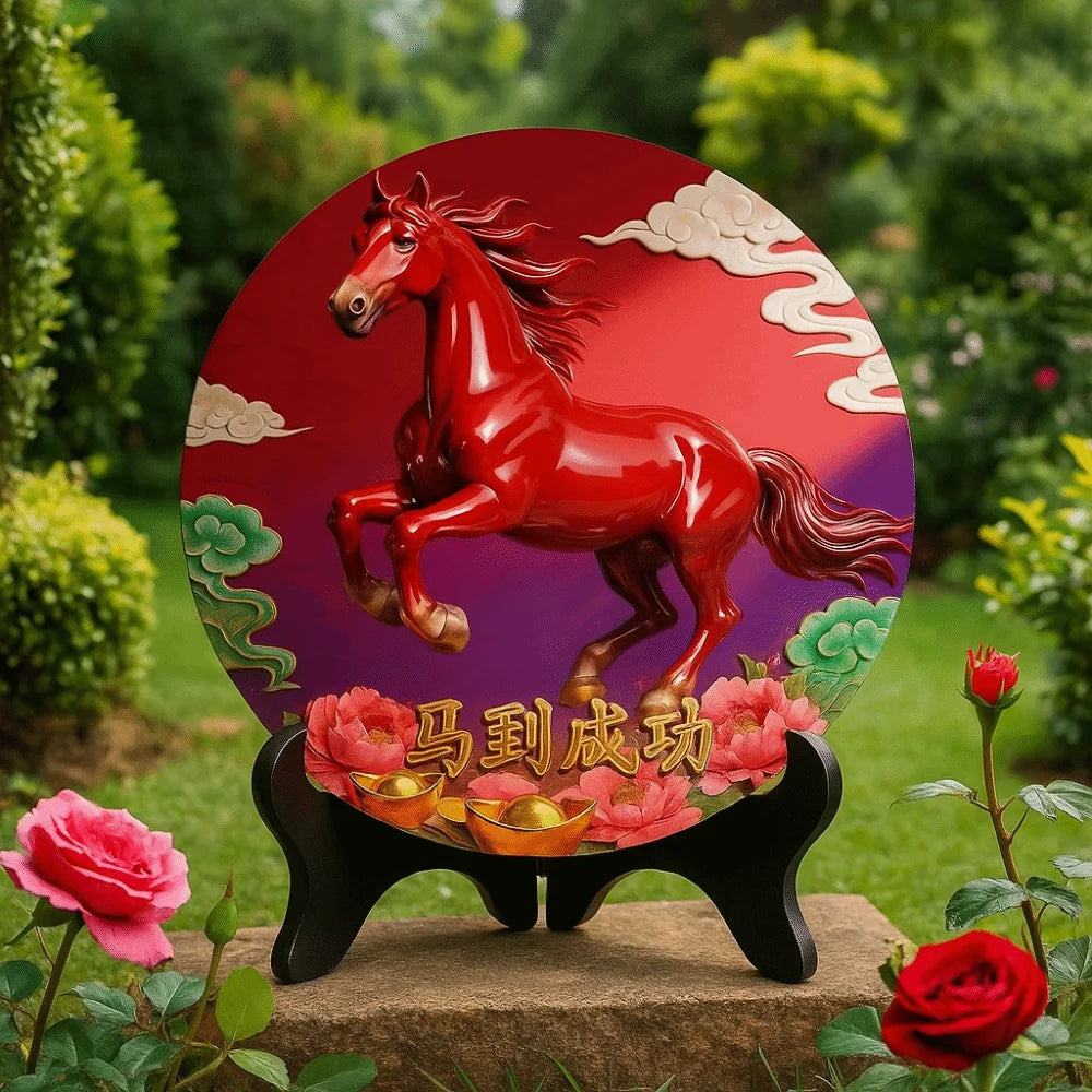 Horse Year Decorative Paintings Ornament Round Good Luck Desktop Ornament Wooden Funny Home Decor Ornament TV Cabinets Taj Home Store