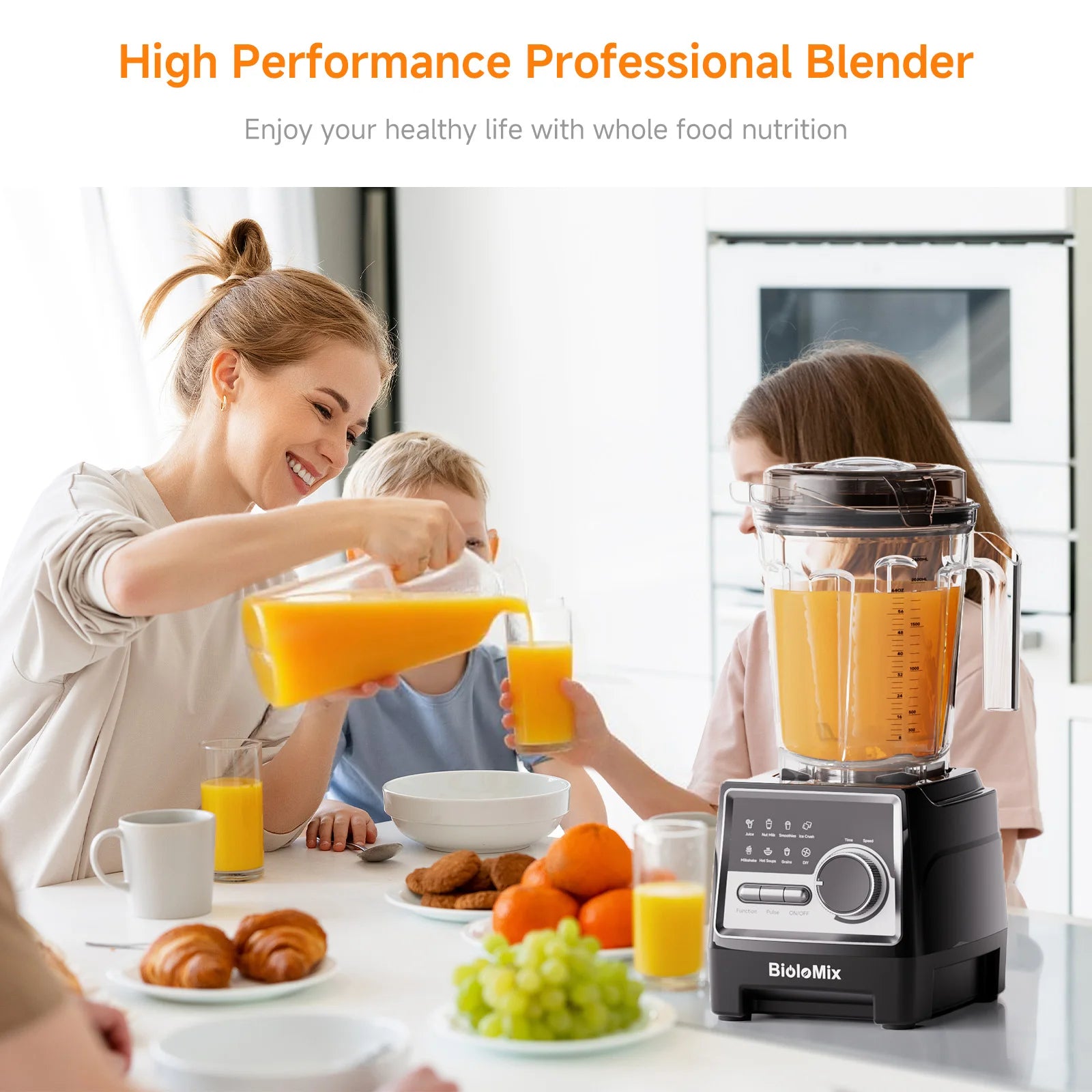 BioloMix 1500W Professional Blender With 2.6L BPA Free Jar With 6 Blades, 7 Preset Program for Smoothies, Shakes, Nut Milk Taj Home Store