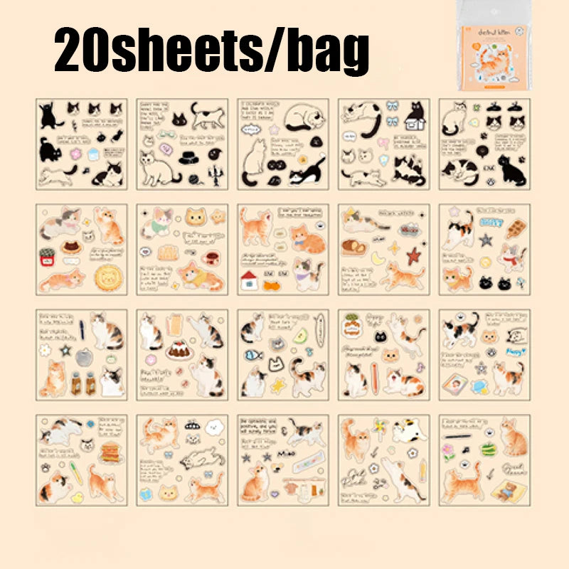 20pcs Corner Cats PET Square Sticker Book for Journal Scrapbooking Planner Decoration Waterproof Cute Animal Stickers, Mr. Paper Taj Home Store