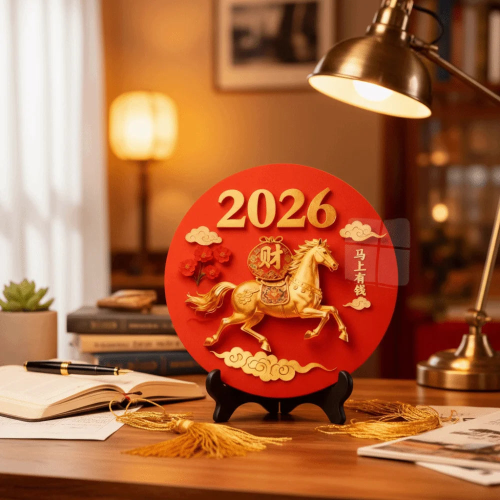 Horse Year Decorative Paintings Ornament Round Good Luck Desktop Ornament Wooden Funny Home Decor Ornament TV Cabinets Taj Home Store