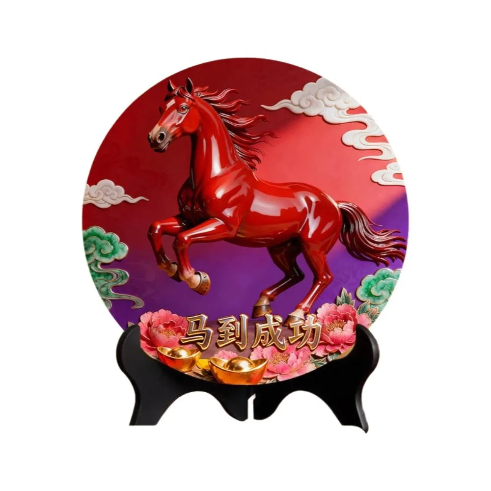 Horse Year Decorative Paintings Ornament Round Good Luck Desktop Ornament Wooden Funny Home Decor Ornament TV Cabinets Taj Home Store