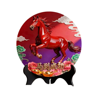 Horse Year Decorative Paintings Ornament Round Good Luck Desktop Ornament Wooden Funny Home Decor Ornament TV Cabinets Taj Home Store