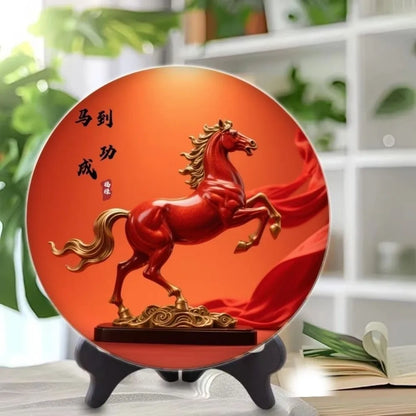 Horse Year Decorative Paintings Ornament Round Good Luck Desktop Ornament Wooden Funny Home Decor Ornament TV Cabinets Taj Home Store