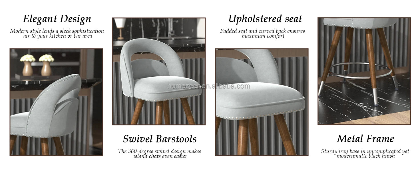 Set Of 2 24-Inch Swivel Counter Height Bar Stools With Solid Wood Legs &amp; Velvet Backs For Dining Kitchen Island Taj Home Store
