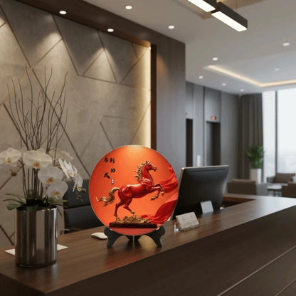 Horse Year Decorative Paintings Ornament Round Good Luck Desktop Ornament Wooden Funny Home Decor Ornament TV Cabinets Taj Home Store