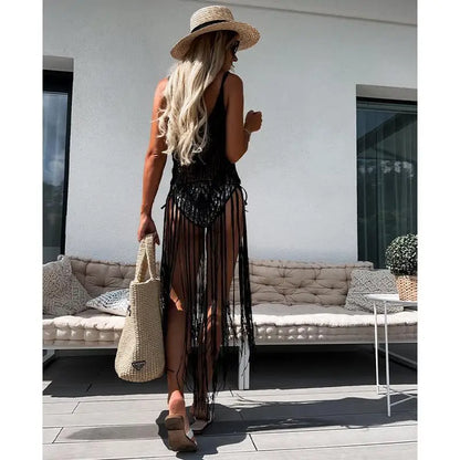 Beach Cover Ups for Swimwear Women Sexy Hand Hook Hollow Out Sunscreen Shirt with Long Tassel Beach Cover Taj Home Store