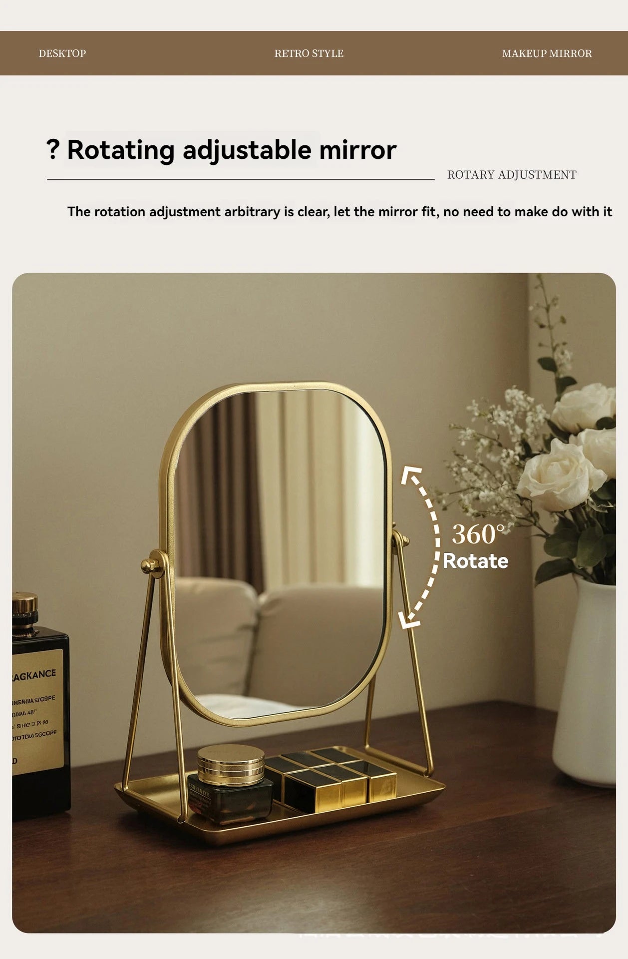 Rotating makeup mirror, light luxury style desktop with chassis, can store large makeup mirror, home dressing table mirror Taj Home Store