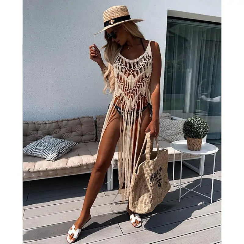 Beach Cover Ups for Swimwear Women Sexy Hand Hook Hollow Out Sunscreen Shirt with Long Tassel Beach Cover Taj Home Store