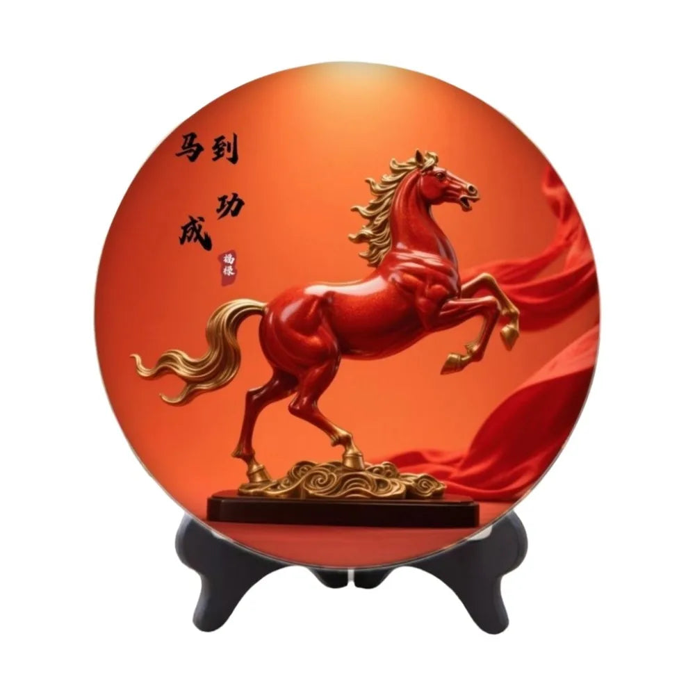 Horse Year Decorative Paintings Ornament Round Good Luck Desktop Ornament Wooden Funny Home Decor Ornament TV Cabinets Taj Home Store