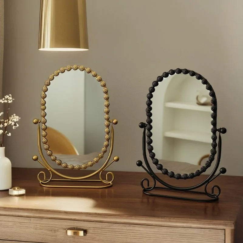 Light Luxury Wrought Iron Vertical Mirror Rotatable Retro Makeup Mirror Bedroom Vanity Mirror Desktop Ornament Photo Props Taj Home Store