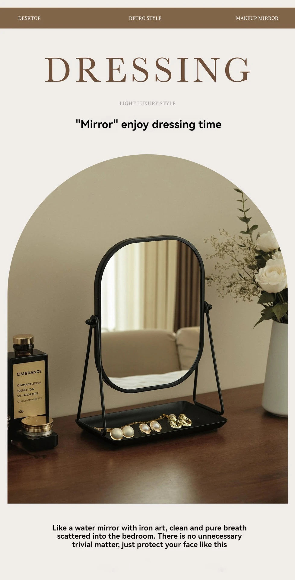 Rotating makeup mirror, light luxury style desktop with chassis, can store large makeup mirror, home dressing table mirror Taj Home Store