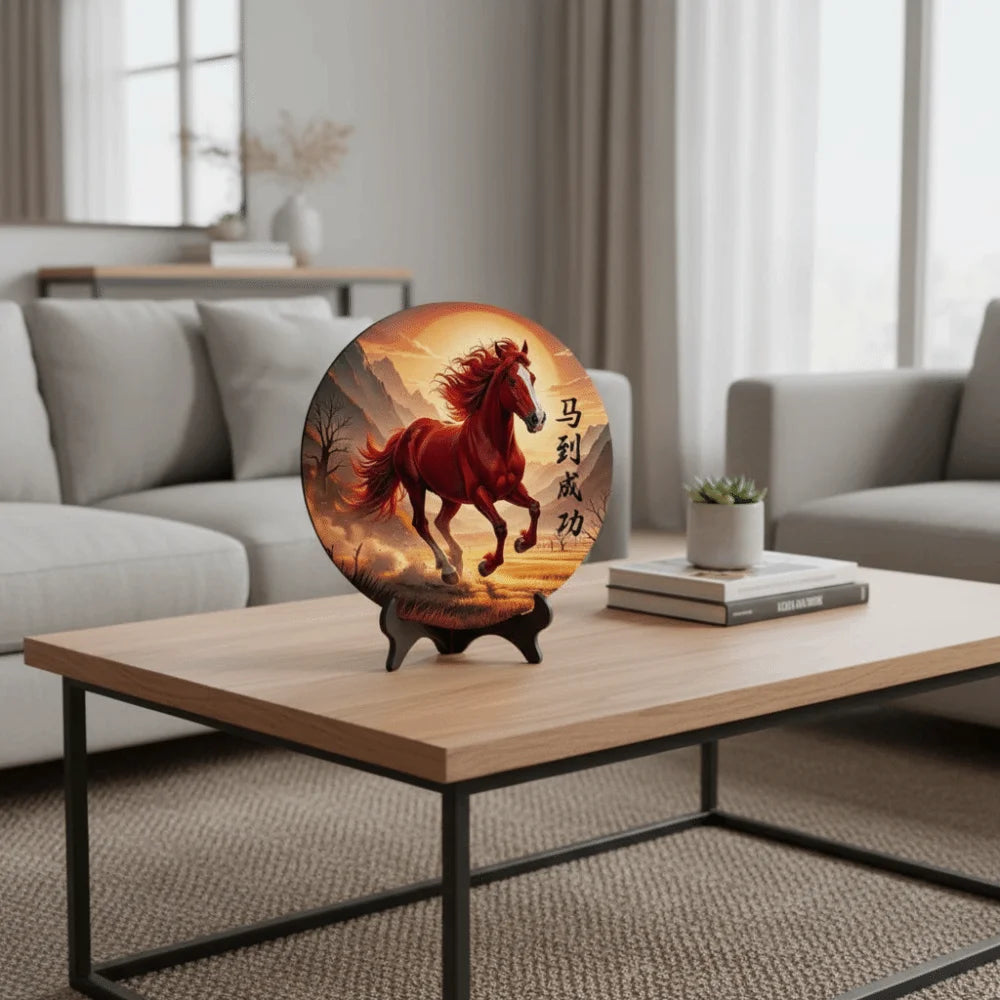 Horse Year Decorative Paintings Ornament Round Good Luck Desktop Ornament Wooden Funny Home Decor Ornament TV Cabinets Taj Home Store