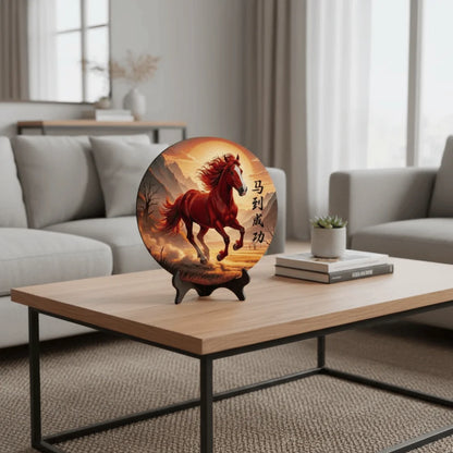 Horse Year Decorative Paintings Ornament Round Good Luck Desktop Ornament Wooden Funny Home Decor Ornament TV Cabinets Taj Home Store