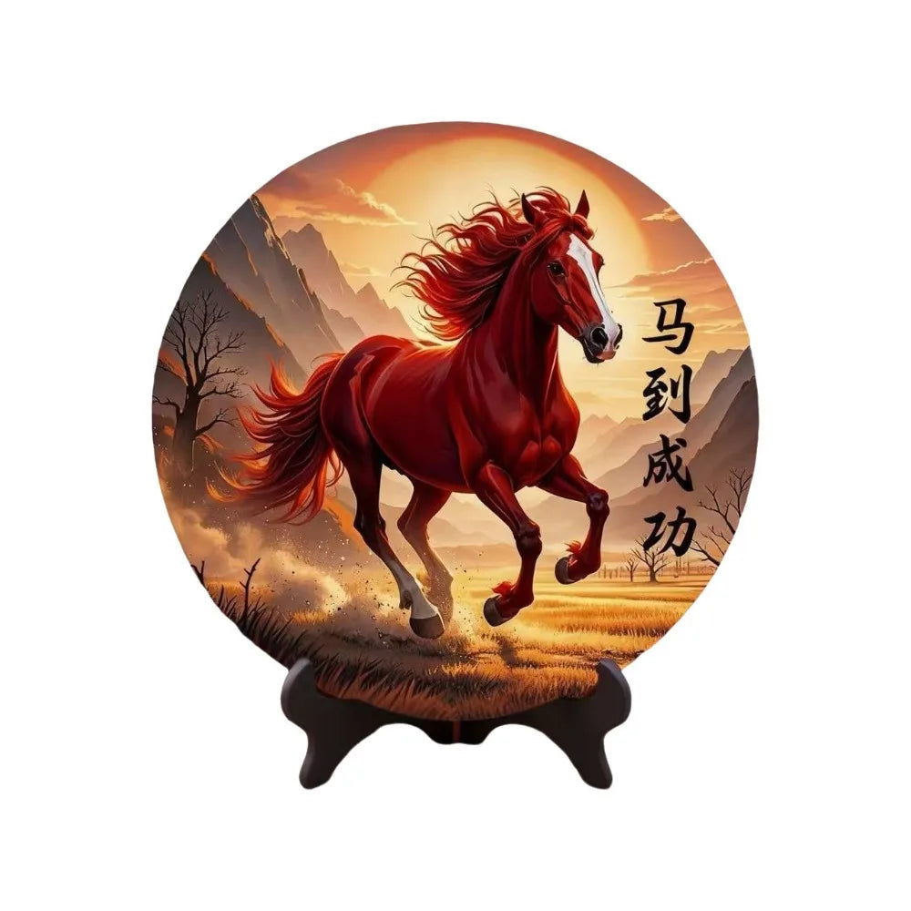 Horse Year Decorative Paintings Ornament Round Good Luck Desktop Ornament Wooden Funny Home Decor Ornament TV Cabinets Taj Home Store