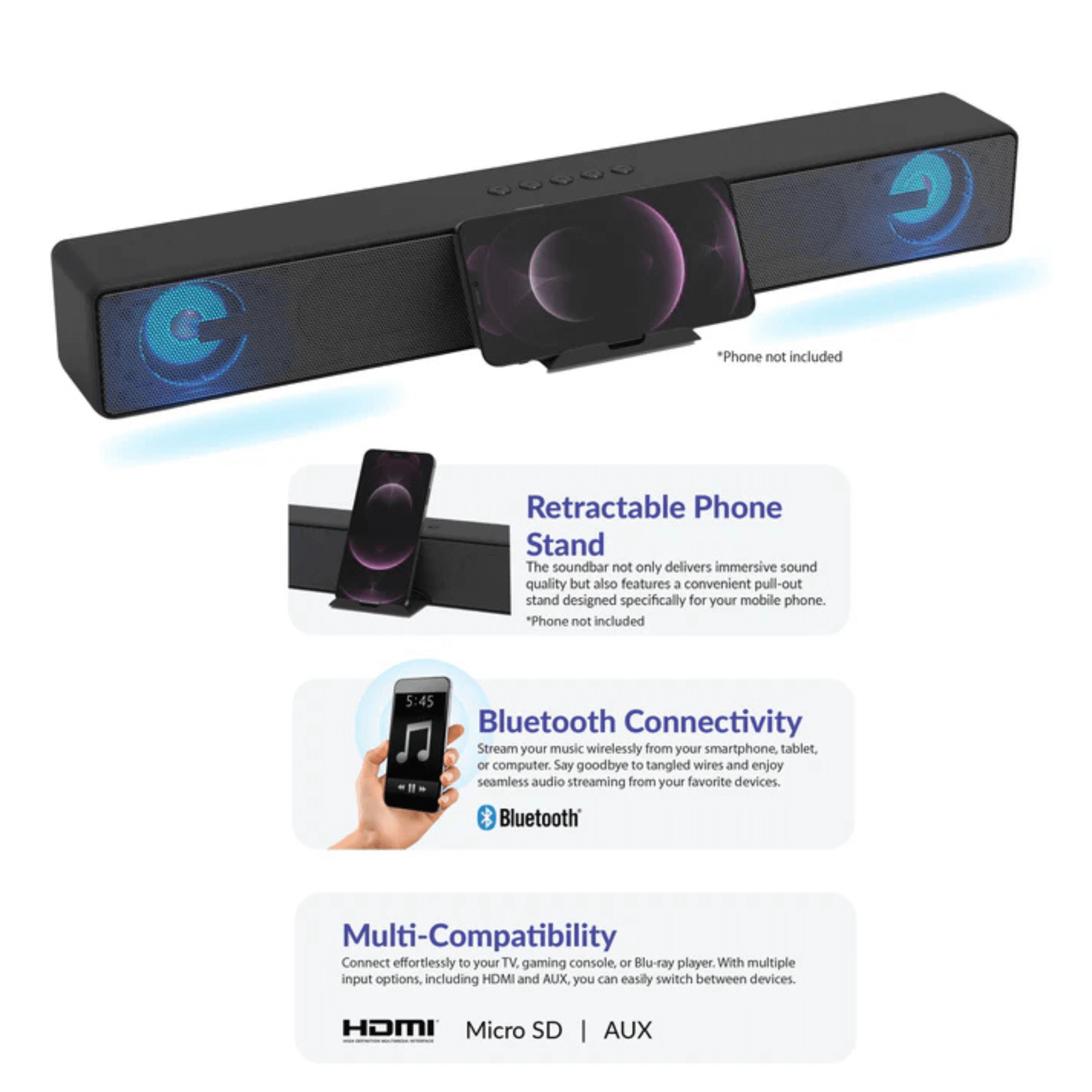 Supersonic 17.6-Inch Portable 10W Bluetooth Soundbar Jupiter Gear Home
