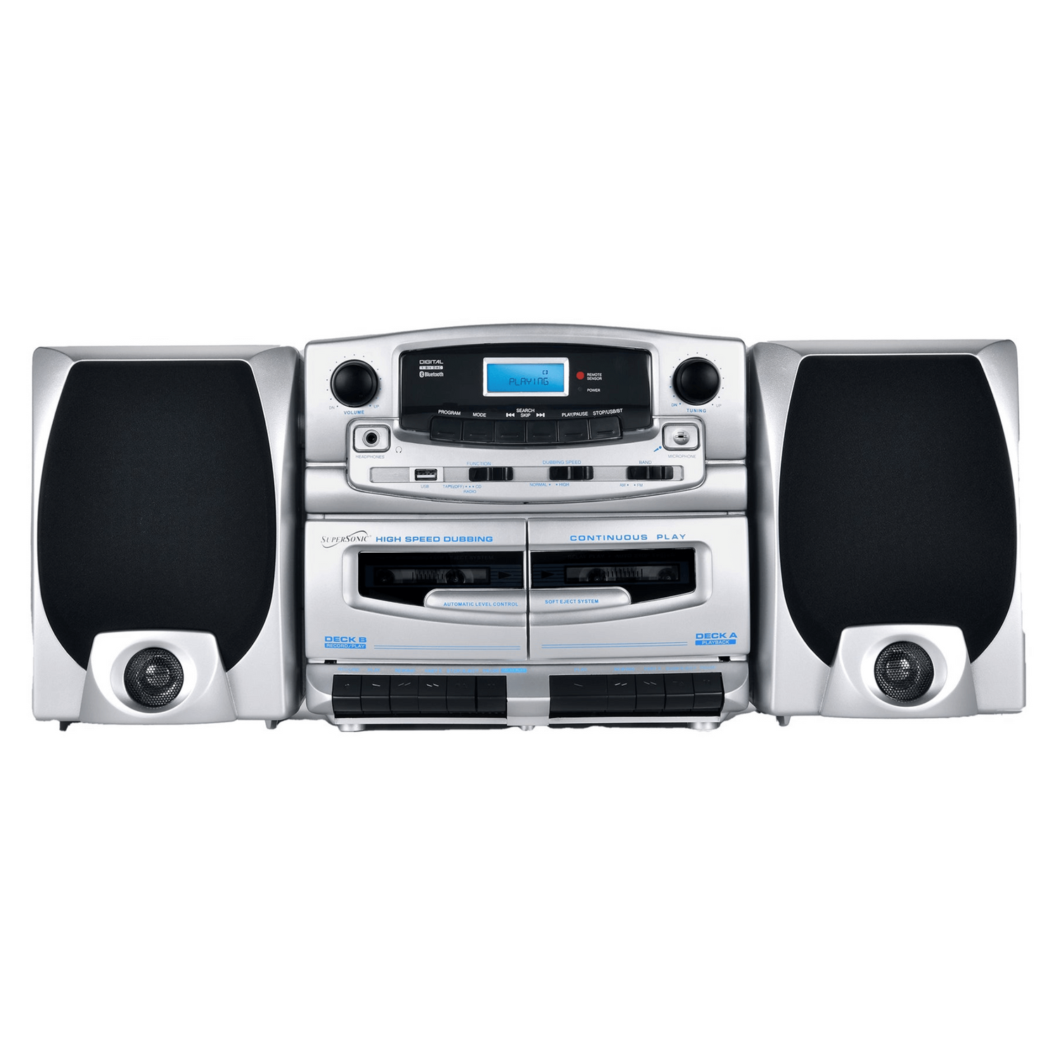 Supersonic Bluetooth Audio System with Double Cassette Recorder &amp; Built-In Mic Jupiter Gear Home
