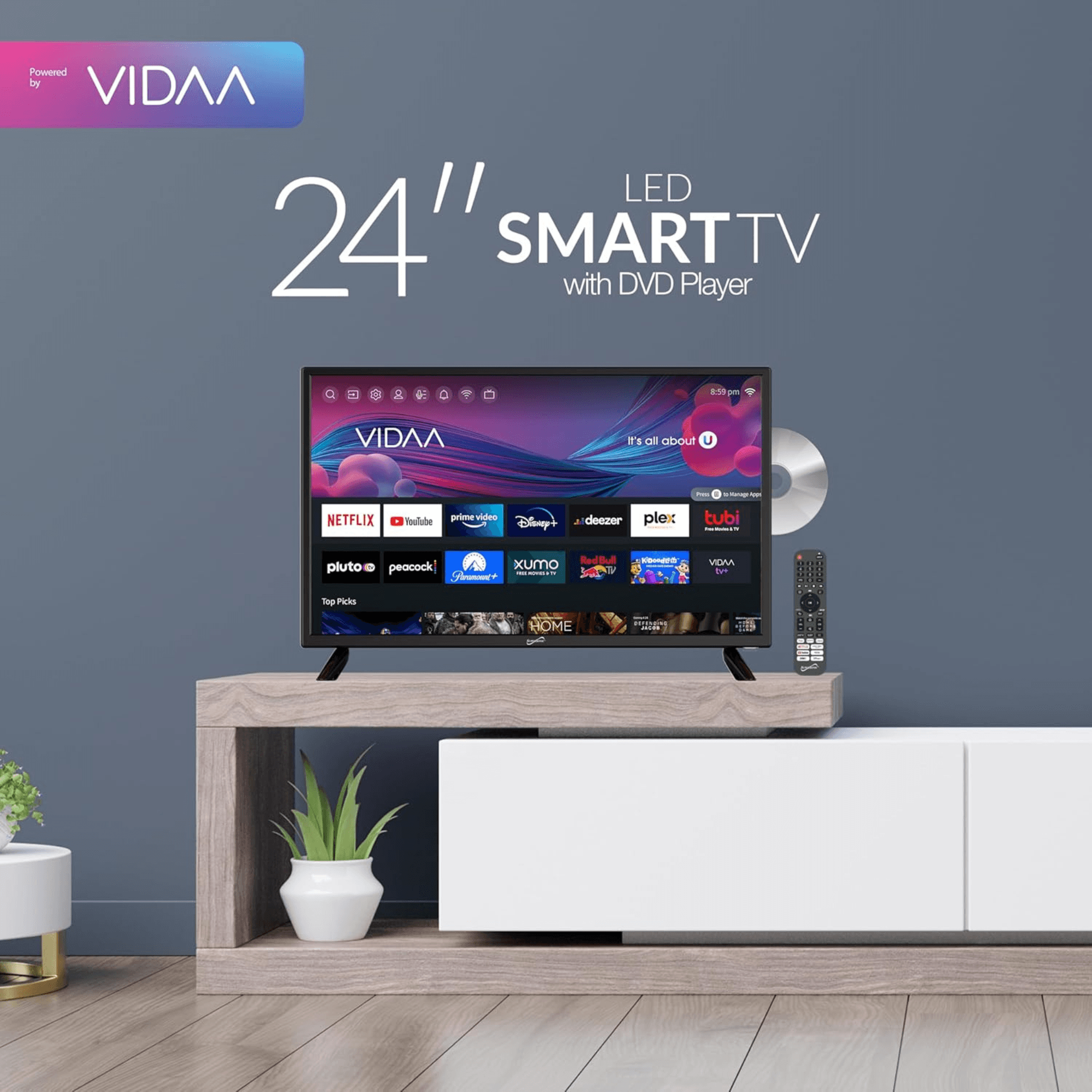 Supersonic Smart 24-inch VDAA DLED AC/DC Television with DVD Player &amp; 12V Car Cord Jupiter Gear Home