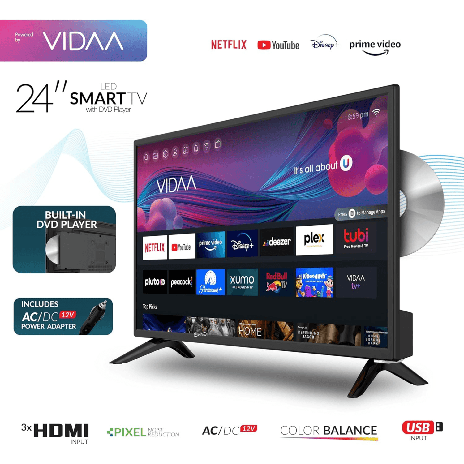 Supersonic Smart 24-inch VDAA DLED AC/DC Television with DVD Player &amp; 12V Car Cord Jupiter Gear Home