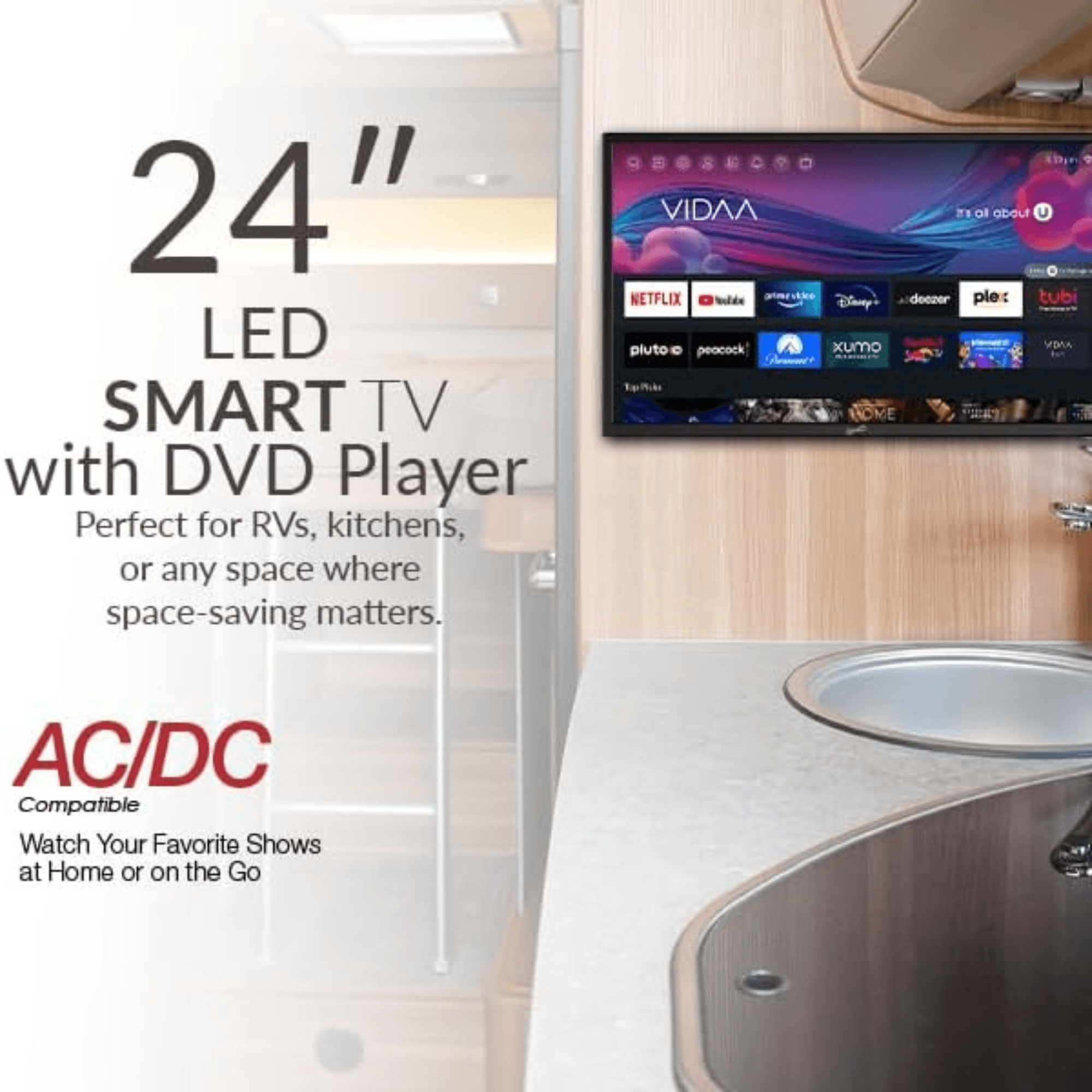 Supersonic Smart 24-inch VDAA DLED AC/DC Television with DVD Player &amp; 12V Car Cord Jupiter Gear Home
