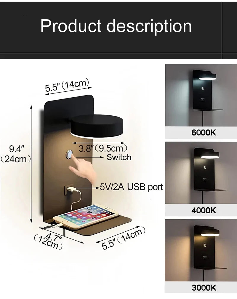 Bedroom Led Wall Lamps with USB Charge Wall Light Indoor Lamp for Living Room Decor Wall Panels with Switch Aisle Modern Sconce Taj Home Store