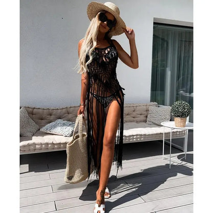 Beach Cover Ups for Swimwear Women Sexy Hand Hook Hollow Out Sunscreen Shirt with Long Tassel Beach Cover Taj Home Store