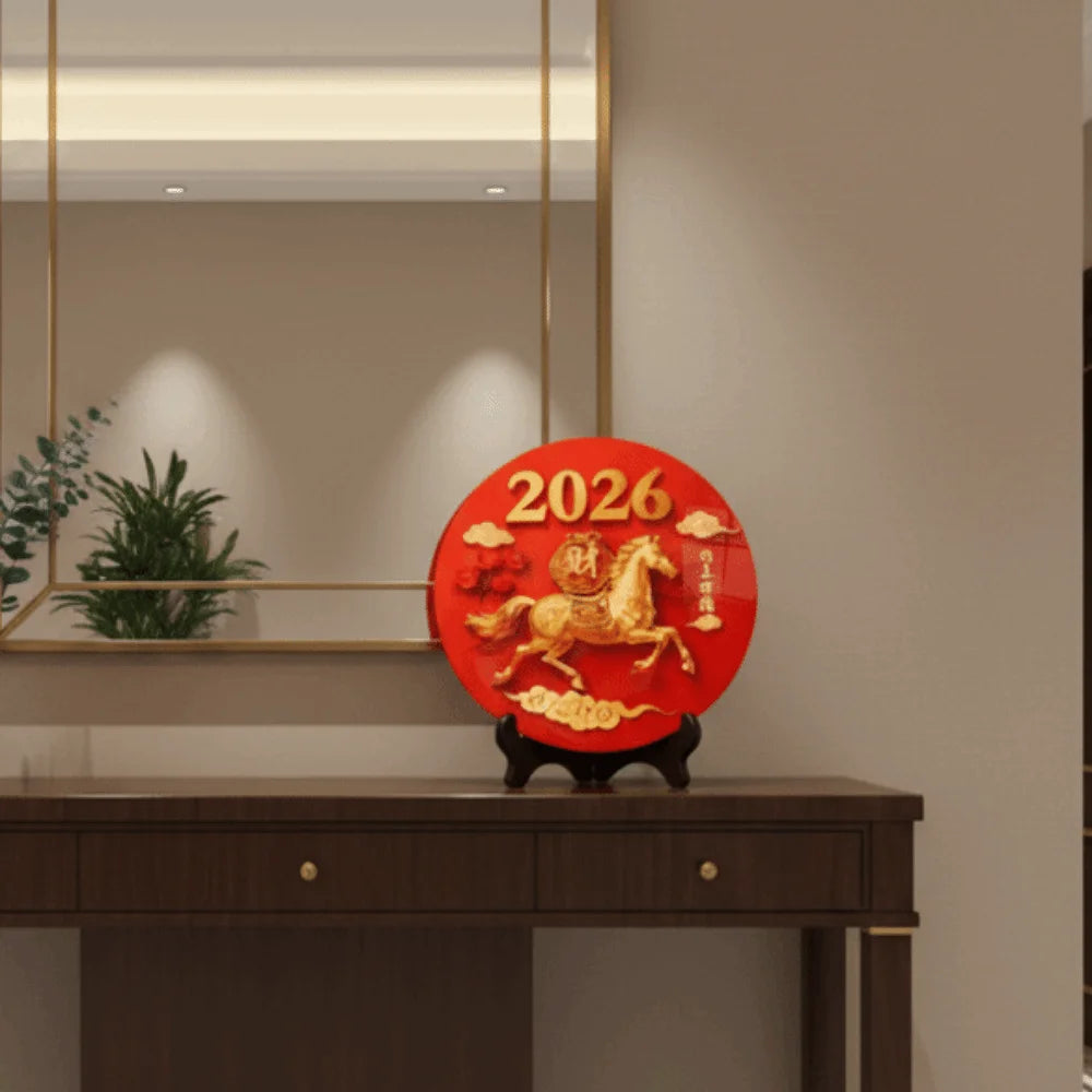 Horse Year Decorative Paintings Ornament Round Good Luck Desktop Ornament Wooden Funny Home Decor Ornament TV Cabinets Taj Home Store