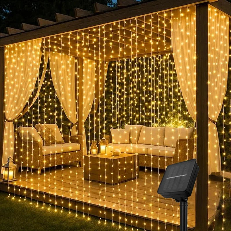Outdoor Solar Curtain Light 3x3M 300Leds Holiday Decorations Garland 8 Modes Halloween Christmas Party Decor String Lights Taj Home Store