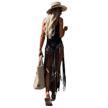 Beach Cover Ups for Swimwear Women Sexy Hand Hook Hollow Out Sunscreen Shirt with Long Tassel Beach Cover Taj Home Store
