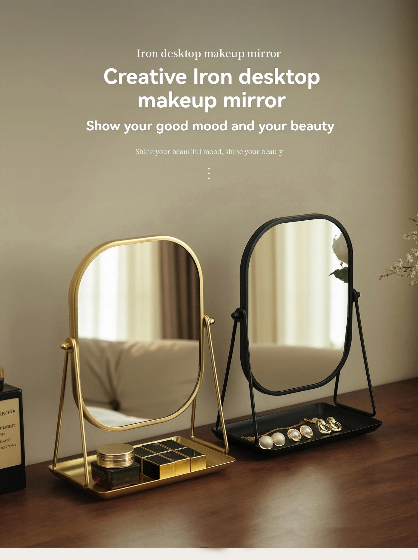 Rotating makeup mirror, light luxury style desktop with chassis, can store large makeup mirror, home dressing table mirror Taj Home Store
