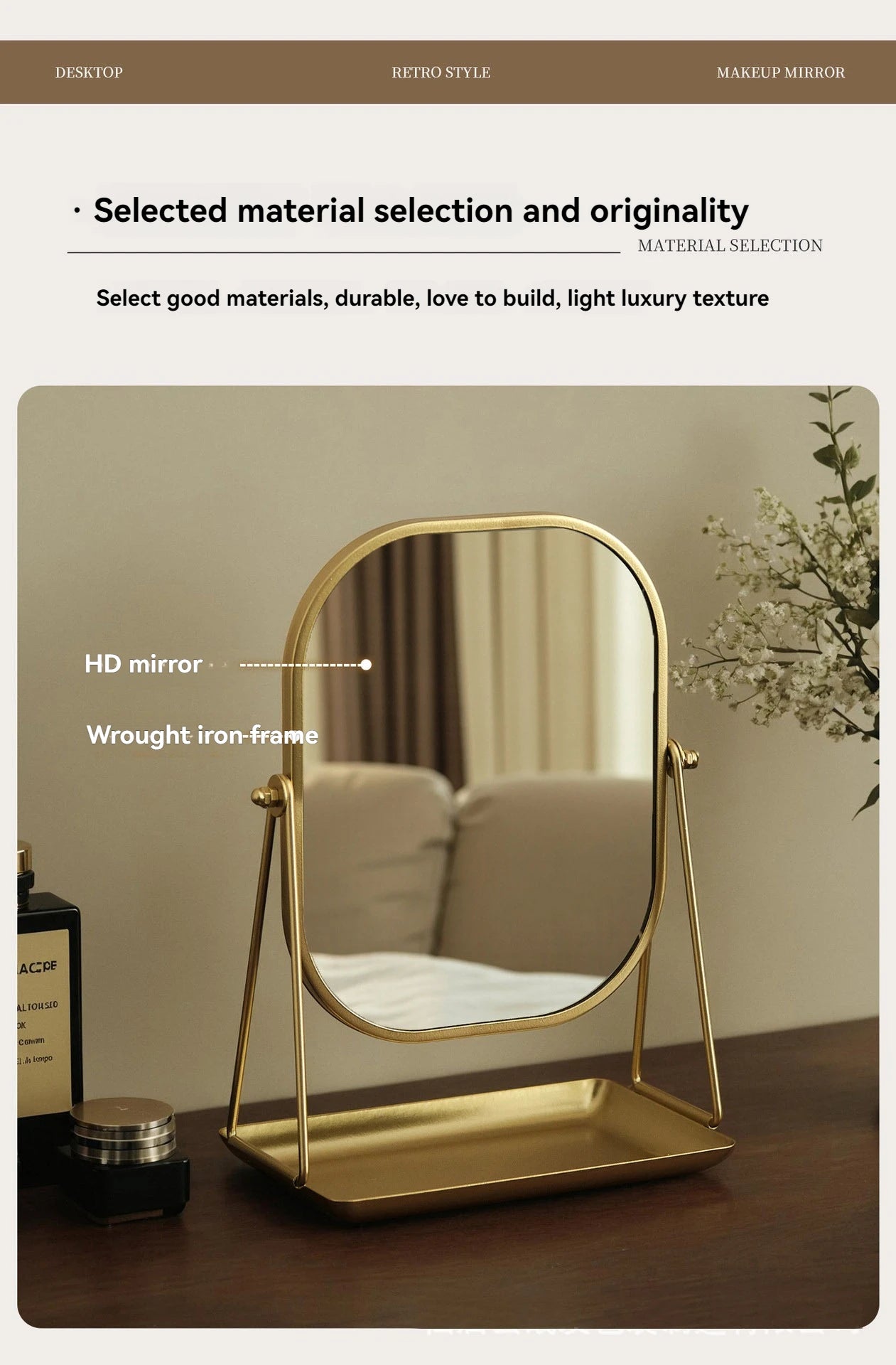 Rotating makeup mirror, light luxury style desktop with chassis, can store large makeup mirror, home dressing table mirror Taj Home Store