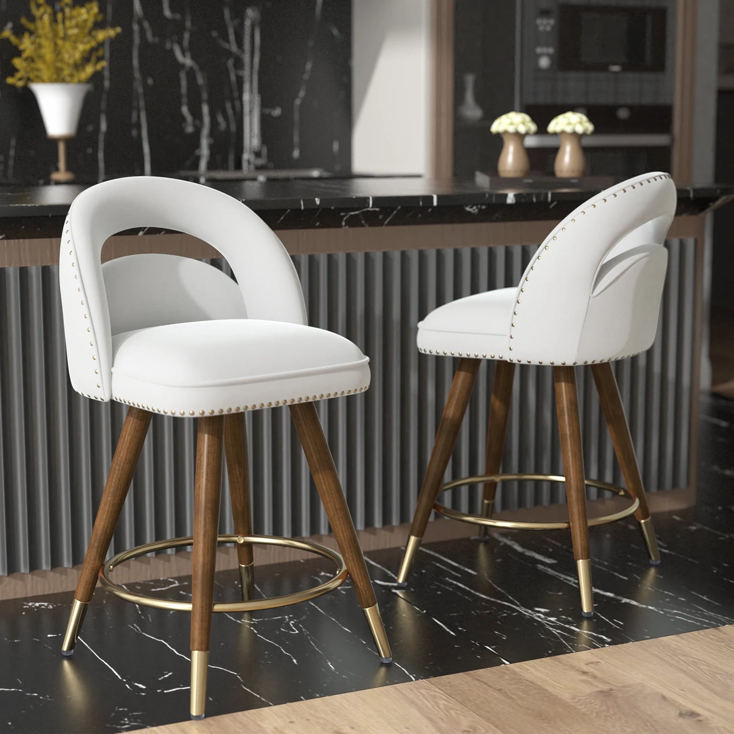 Set Of 2 24-Inch Swivel Counter Height Bar Stools With Solid Wood Legs &amp; Velvet Backs For Dining Kitchen Island Taj Home Store