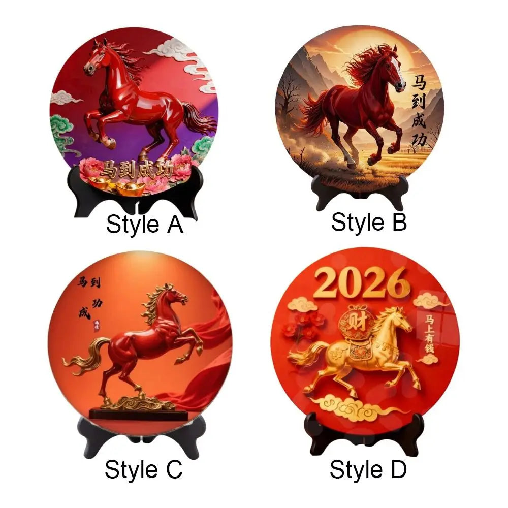 Horse Year Decorative Paintings Ornament Round Good Luck Desktop Ornament Wooden Funny Home Decor Ornament TV Cabinets Taj Home Store