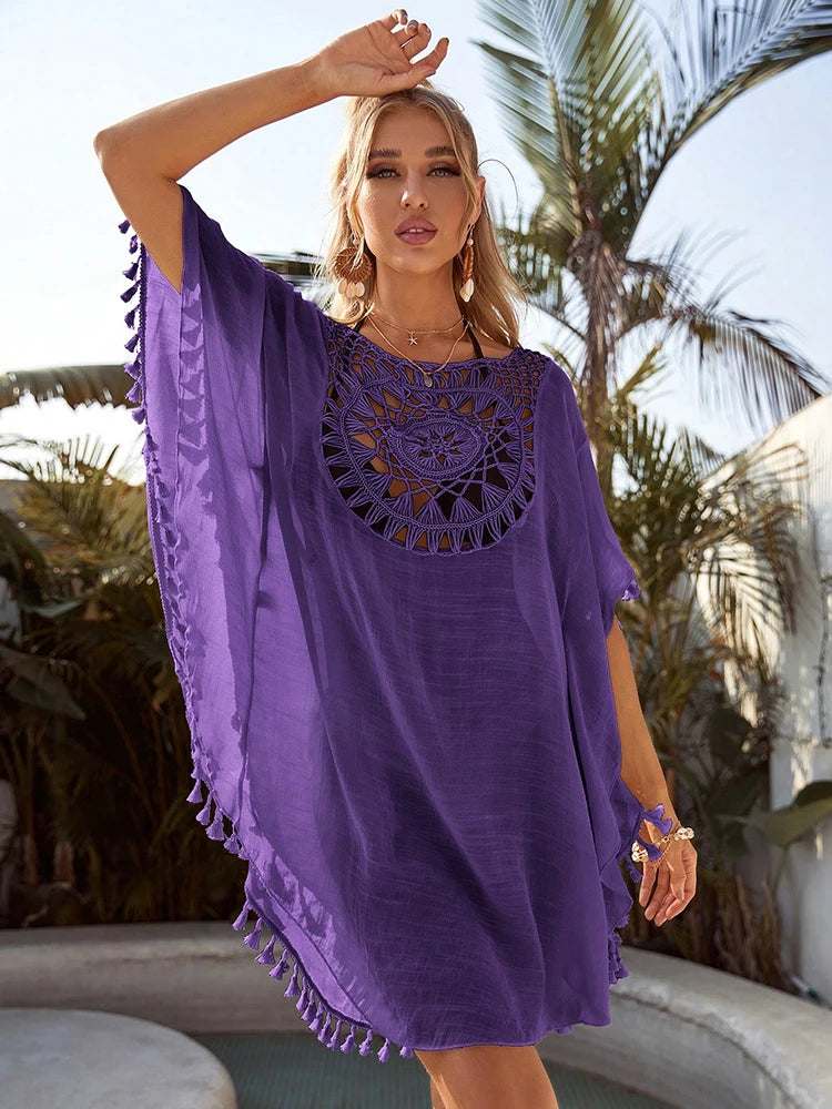 Beach Cover Up Women Knitted Sunflower Beach Wear Fringe Tunic Ladies Bathing Suit Cover-ups Bikini Ups Bathing Suit Beachwear Taj Home Store