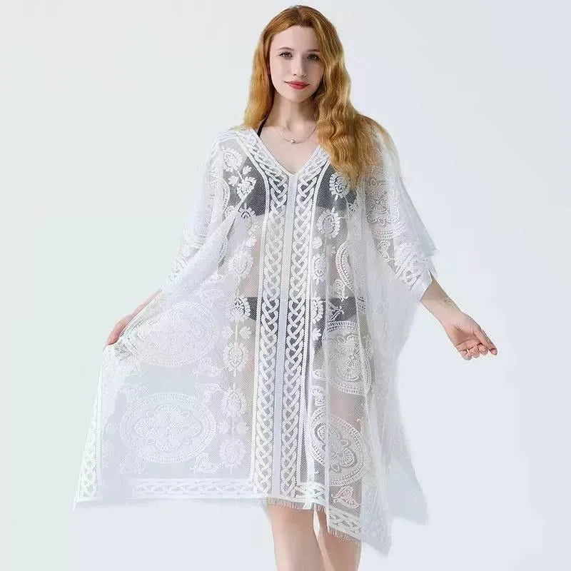 Sexy Elegant Lace Beach Cover Up for Women, Bathing Suit Cover Up, V-Neck Swimsuit Coverup for Poolside, Seaside and Party Taj Home Store
