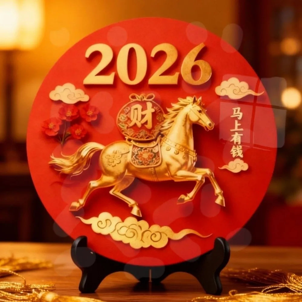 Horse Year Decorative Paintings Ornament Round Good Luck Desktop Ornament Wooden Funny Home Decor Ornament TV Cabinets Taj Home Store