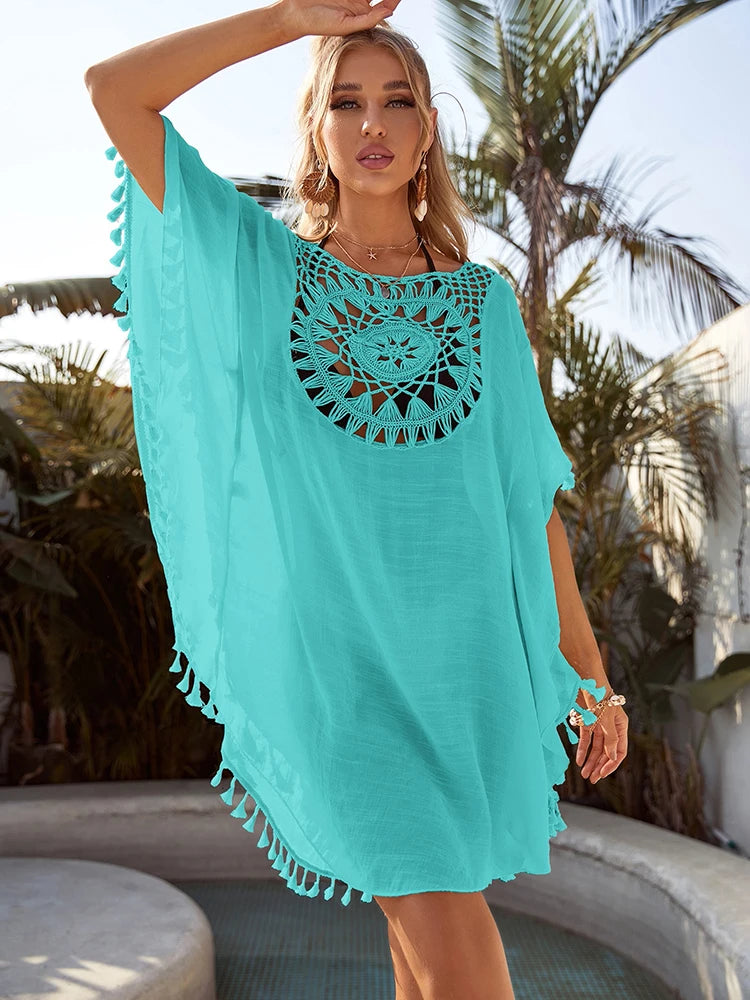 Beach Cover Up Women Knitted Sunflower Beach Wear Fringe Tunic Ladies Bathing Suit Cover-ups Bikini Ups Bathing Suit Beachwear Taj Home Store