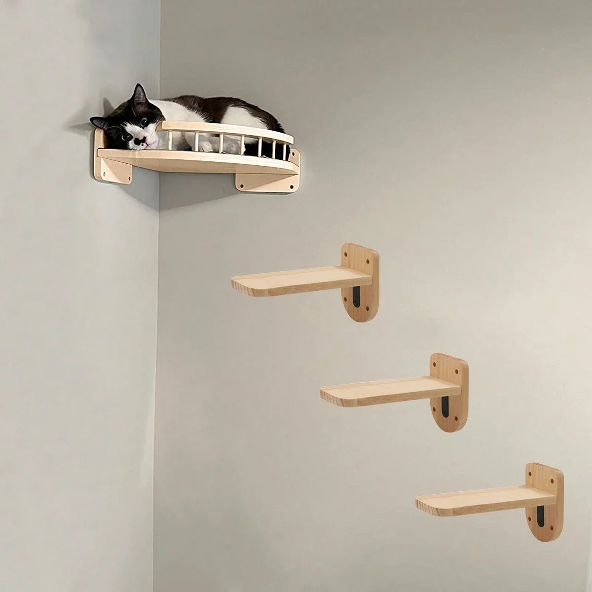 Cat Corner Shelf with 3 Steps Set Wall Mounted Cat Bed Perches Hammock for Sleeping Climbing Scratching Pet Wooden Furniture Taj Home Store