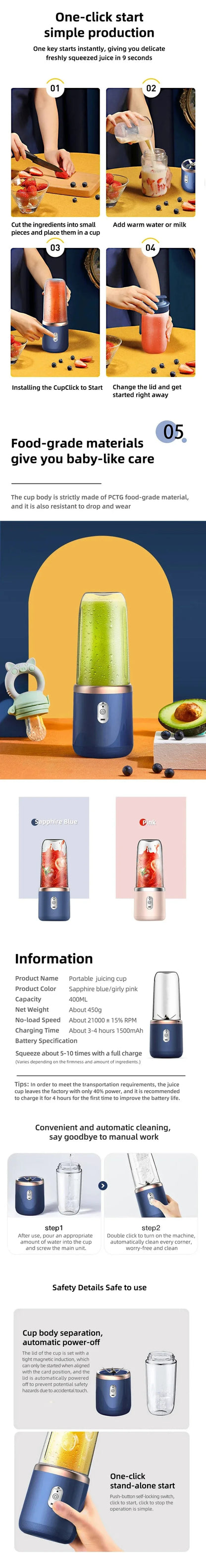 6 Color 400ml Portable USB Blender Electric Travel Juicer Cup For Smoothie Milkshake Kitchen Mini Mixer Tool Taj Home Store