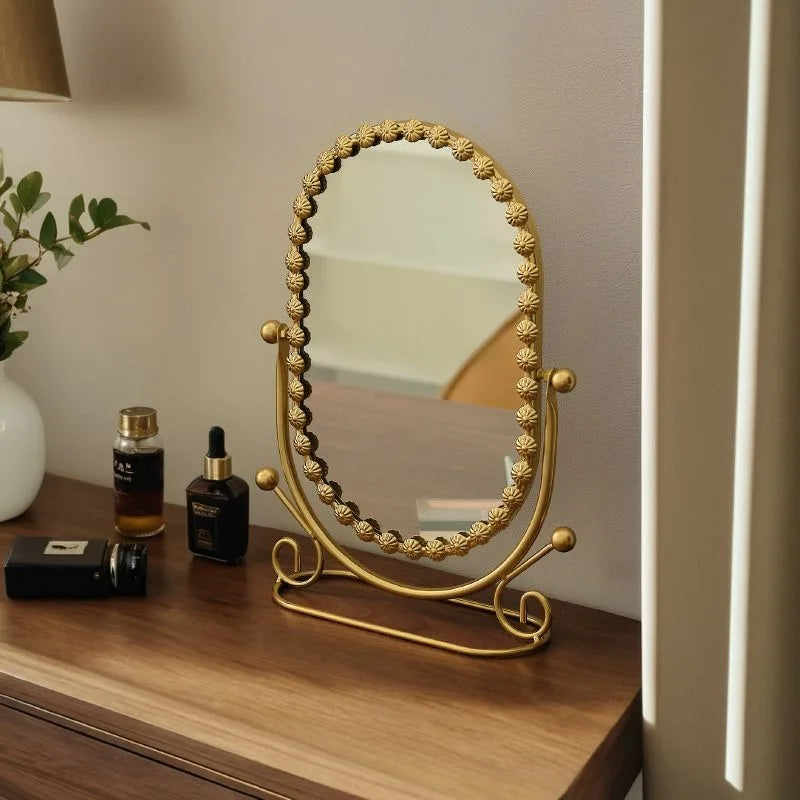 Light Luxury Wrought Iron Vertical Mirror Rotatable Retro Makeup Mirror Bedroom Vanity Mirror Desktop Ornament Photo Props Taj Home Store