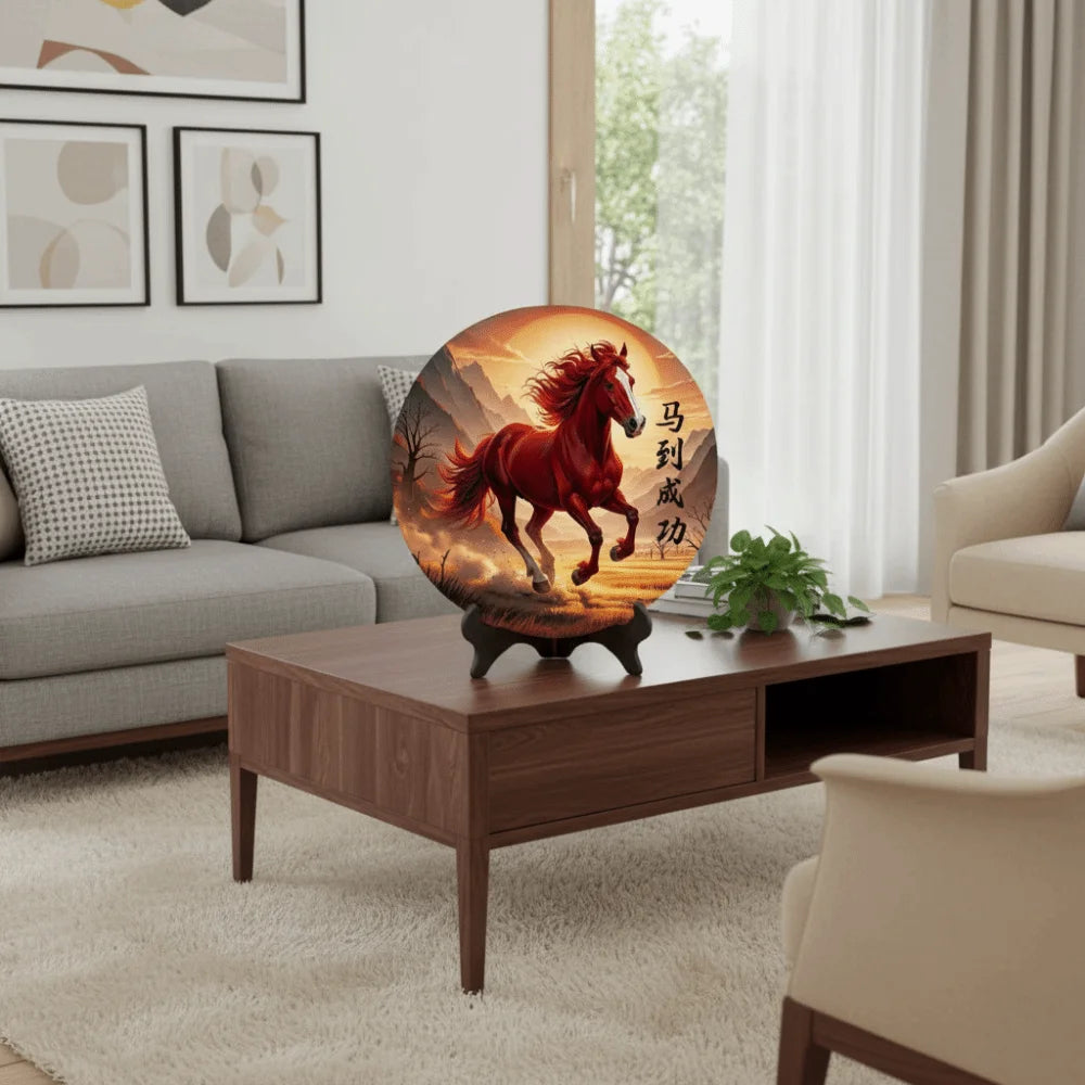 Horse Year Decorative Paintings Ornament Round Good Luck Desktop Ornament Wooden Funny Home Decor Ornament TV Cabinets Taj Home Store