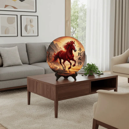 Horse Year Decorative Paintings Ornament Round Good Luck Desktop Ornament Wooden Funny Home Decor Ornament TV Cabinets Taj Home Store