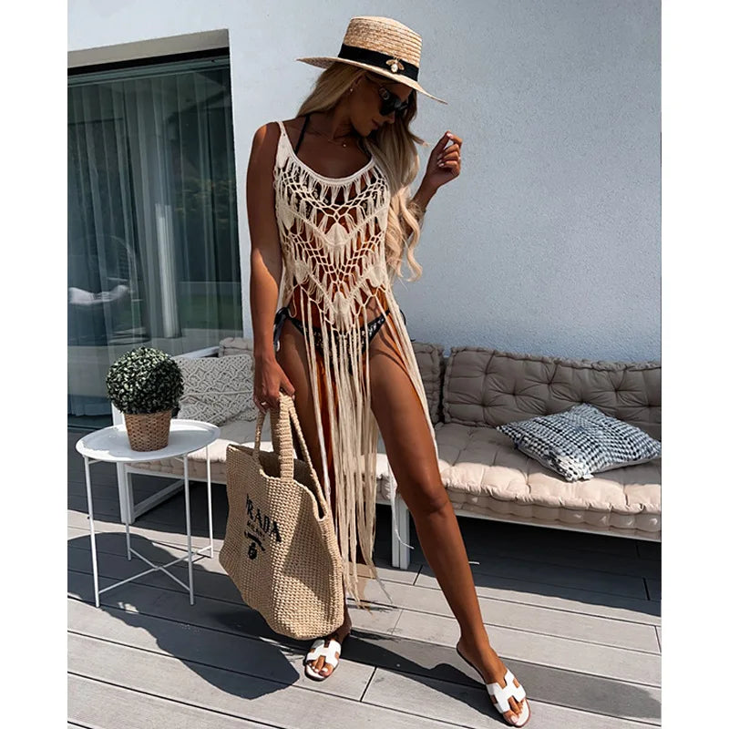 Beach Cover Ups for Swimwear Women Sexy Hand Hook Hollow Out Sunscreen Shirt with Long Tassel Beach Cover Taj Home Store