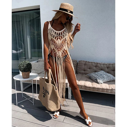 Beach Cover Ups for Swimwear Women Sexy Hand Hook Hollow Out Sunscreen Shirt with Long Tassel Beach Cover Taj Home Store